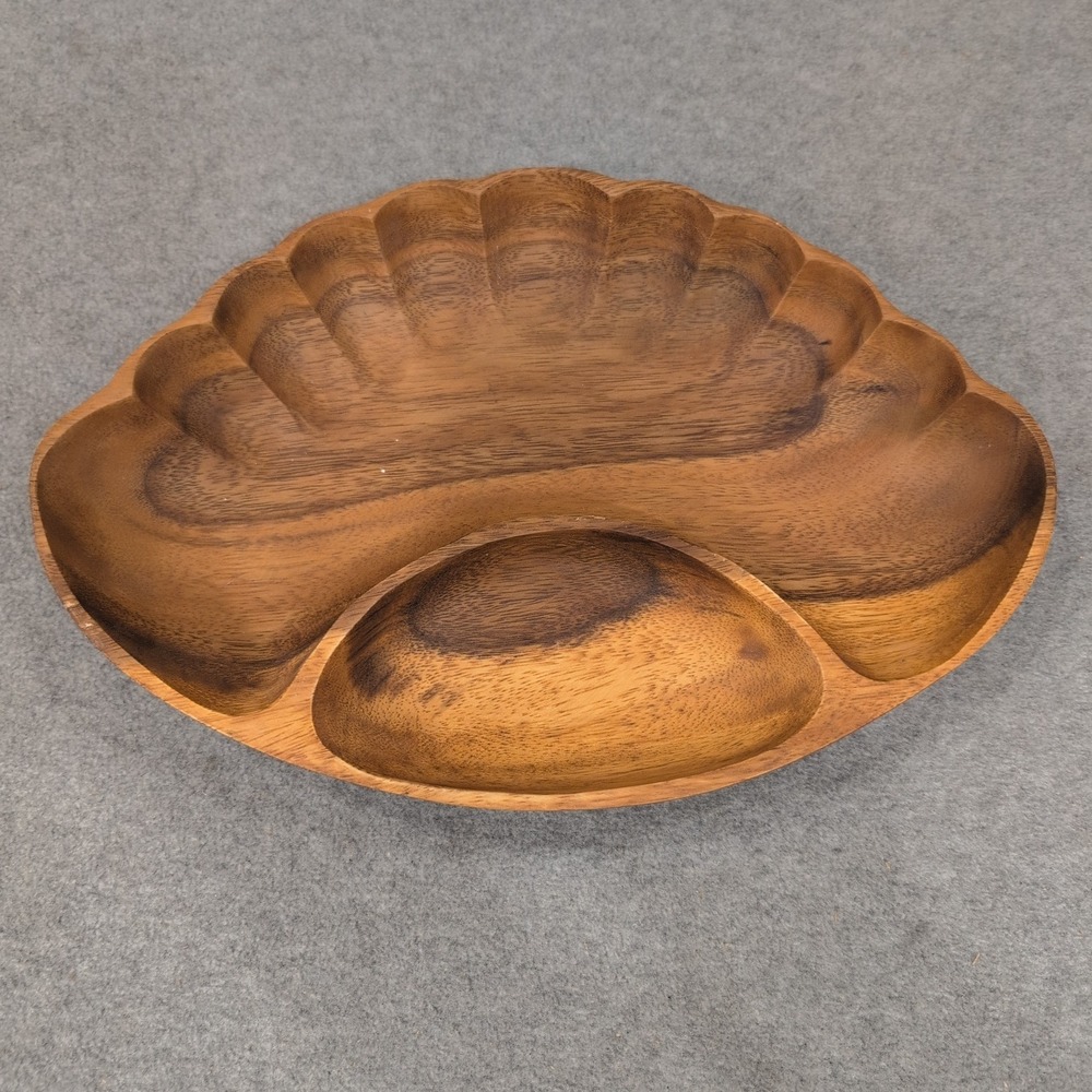 Vintage Monkey Pod Wood Scalloped Shell Chip‎ and Dip Serving Tray Hand Carved - Picture 2 of 6